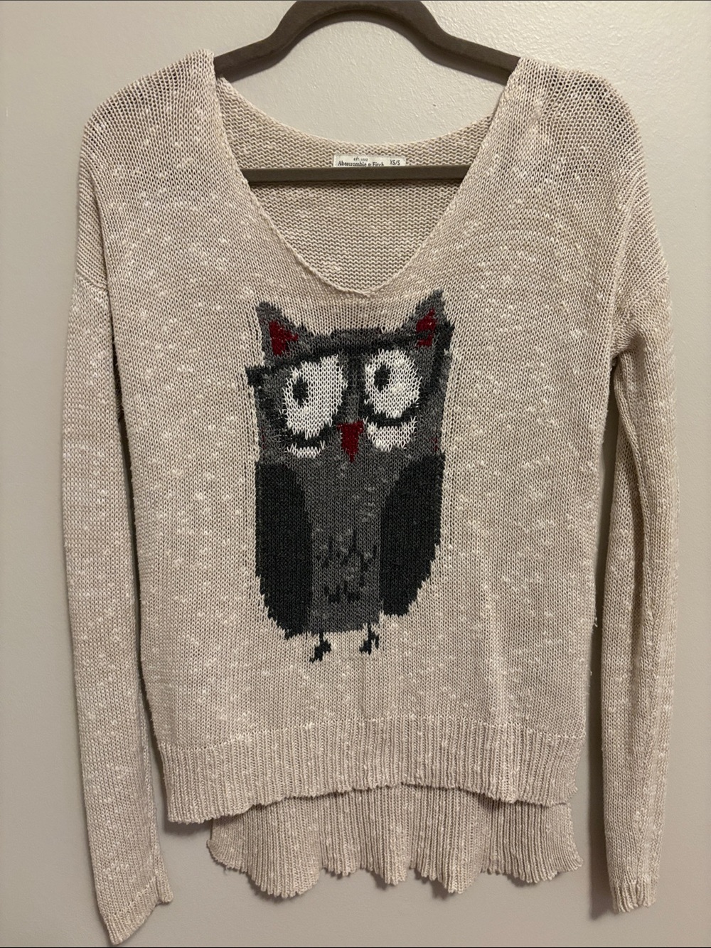 Abercrombie & Fitch Beige V‑Neck Owl Knit Sweater